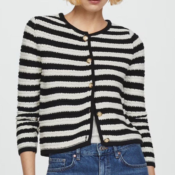Mango MNG Striped cardigan sweater with jewel buttons Ladies small Black white - Picture 1 of 7
